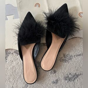 Club Monaco Black Feather Mules - Taisie Flat